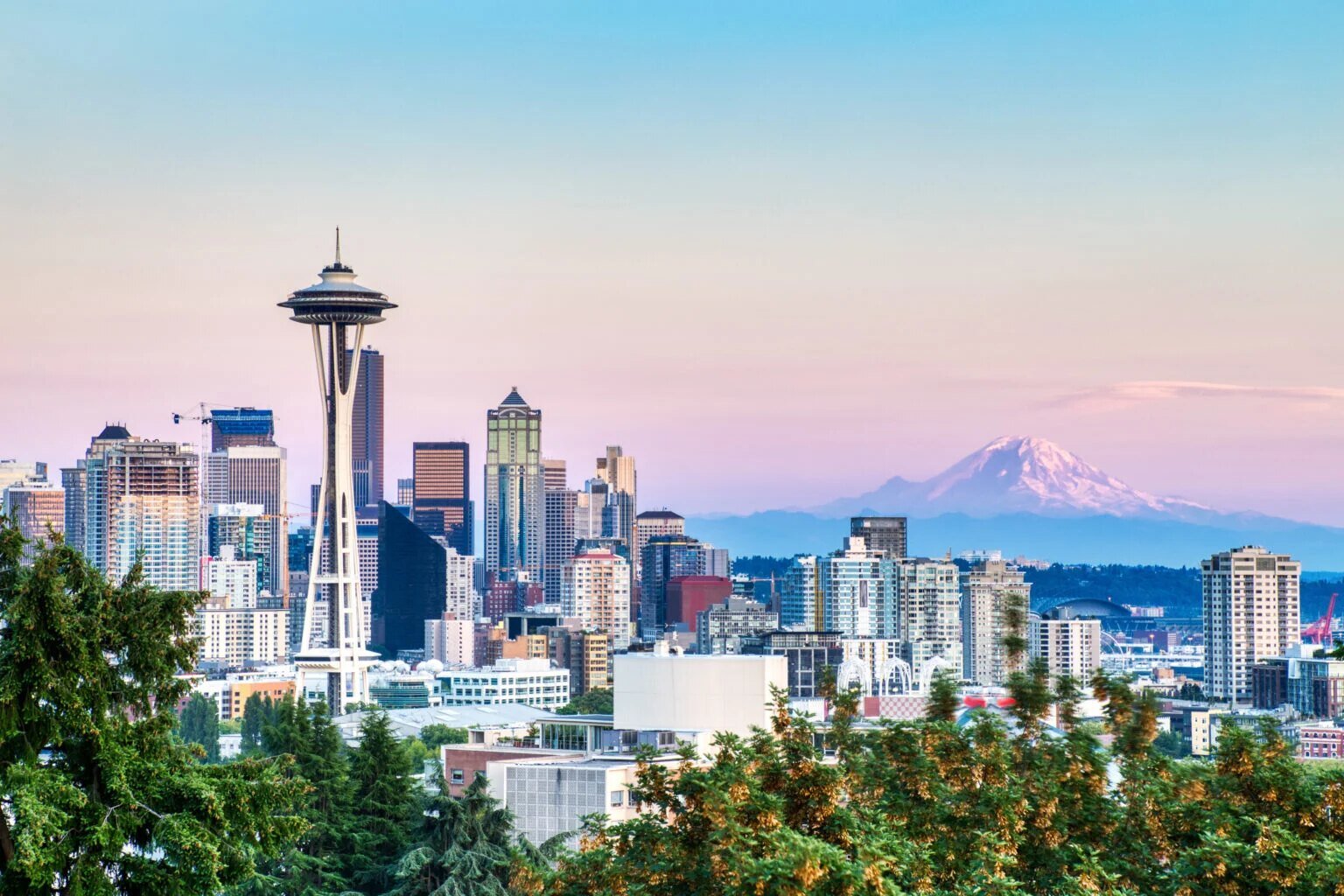 Space Needle and Mount Rainier from the city