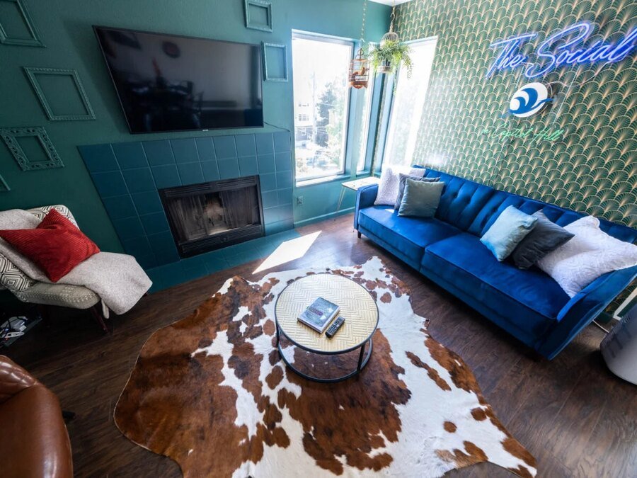 The Social lounge and fireplace