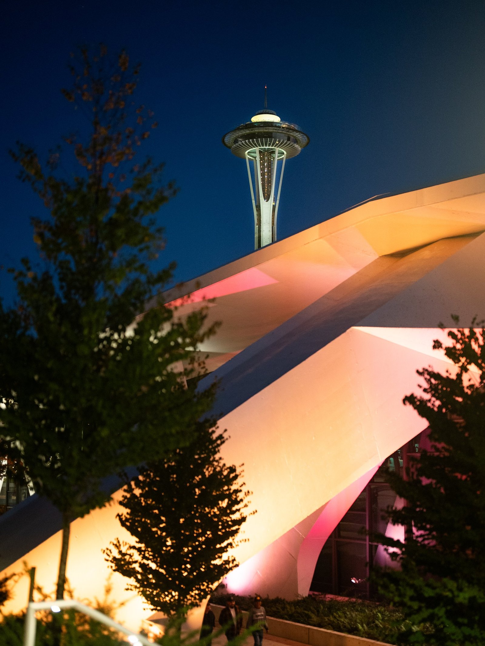 Space Needle and MoPOP at Seattle Center at night