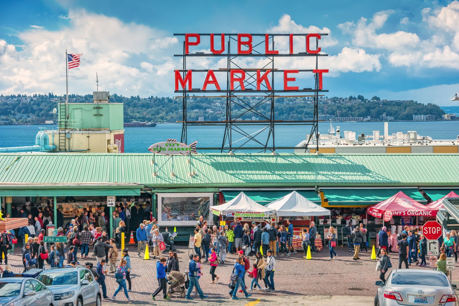 Pike Place Market and Elliott Bay near the cruise terminals