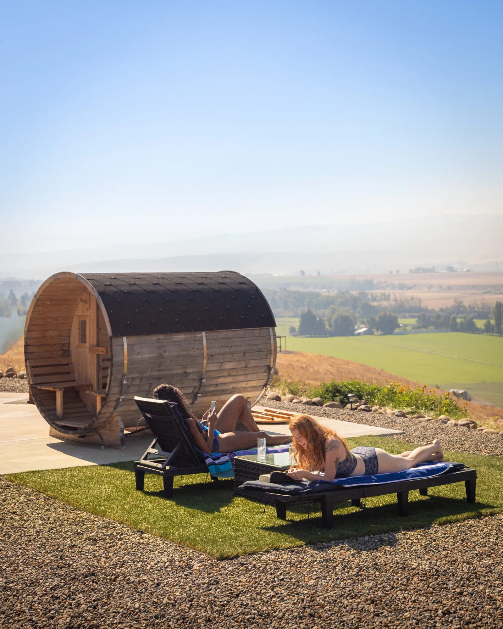 Lounge chairs and barrel sauna overlooking the valley at Deer Valley