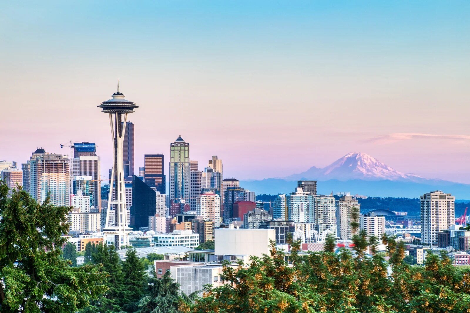 Seattle skyline with the Space Needle and Mount Rainier