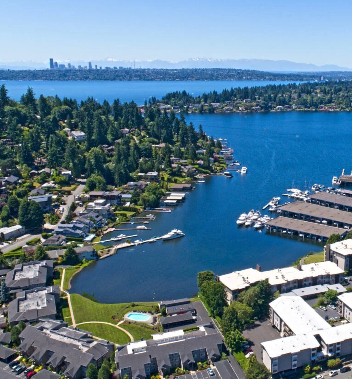 Aerial view of a waterfront neighborhood near Seattle
